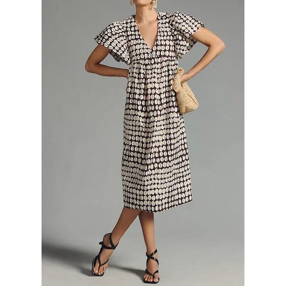 Anthro Maeve Womens Printed Flutter Sleeve Babydoll Midi Dress Size M Cotton - Picture 2 of 9